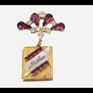 Vintage Mother Locket Brooch Mother of Pearl Purple Rhinestones
